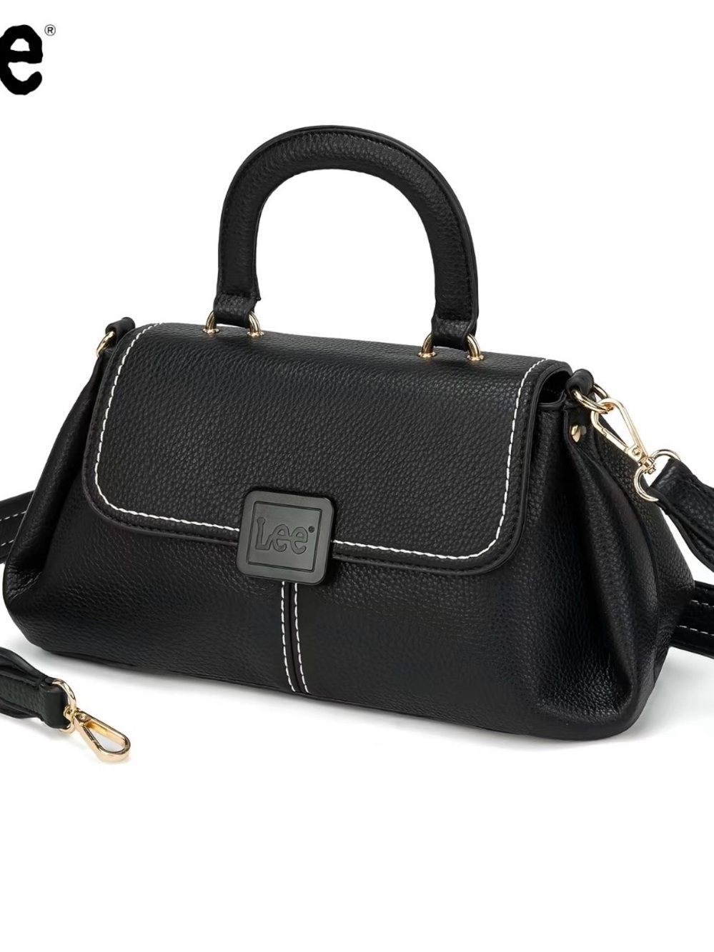 Lee Black Pebble Leatherette Top-Handle Satchel with White Contrast Stitching